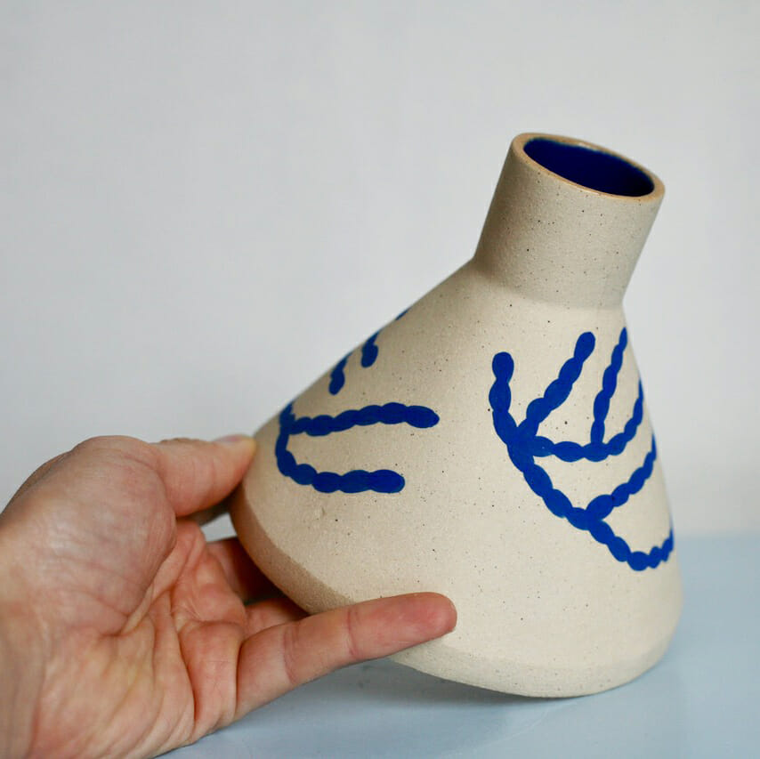 coral-and-blue-cone-vase-ceramic-illustrated-drawing-pattern-on-surface-of-vase-handmade