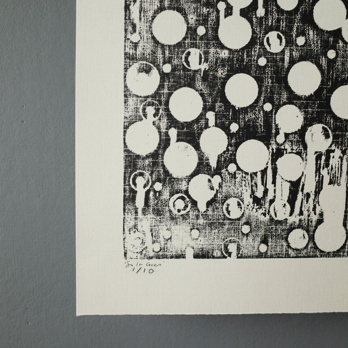 so-it-goes-woodcut-print-dots-circles-black-white-paper-printmaking-art