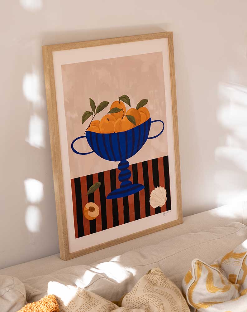 Peaches-in-Blue-Striped-Bowl-Print