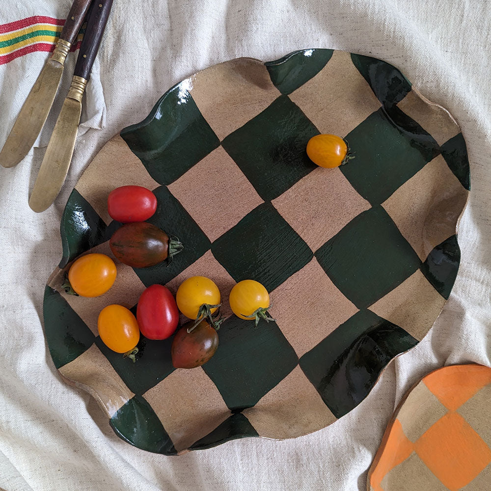 Green Oval Wavy Check Serving Platter