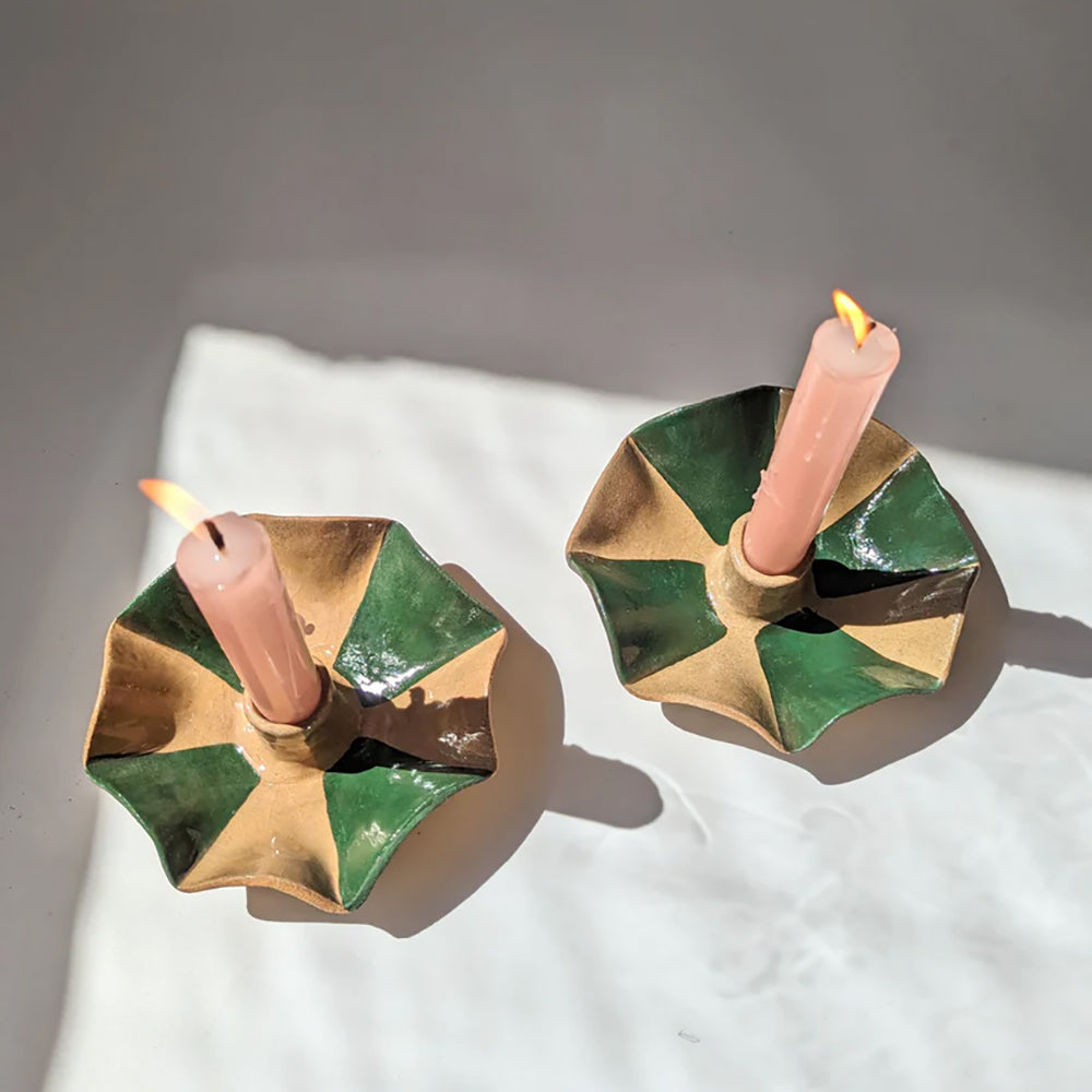 Green Stripe Scalloped Candle Holders