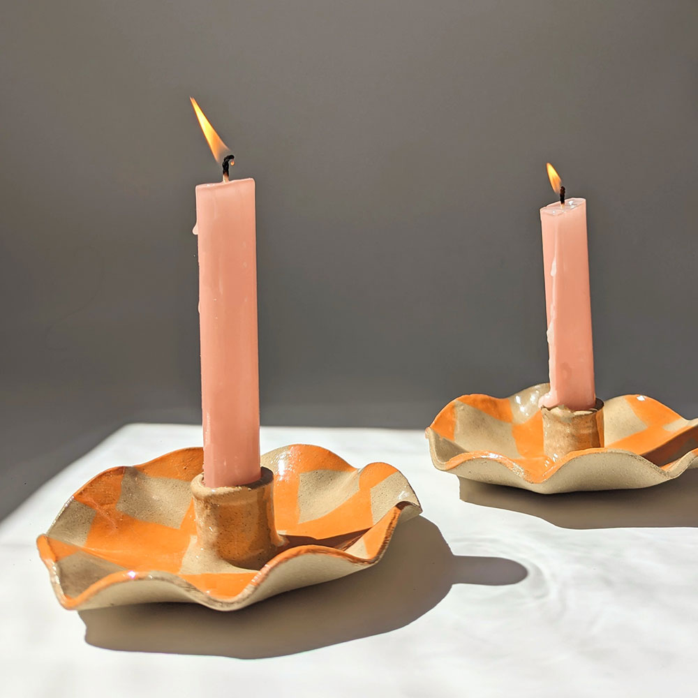 Orange-Check-Scalloped-Candle-Holders