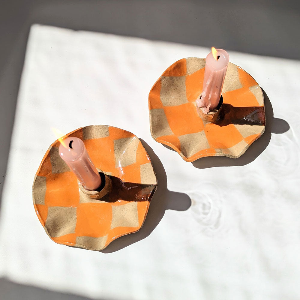 Orange-Check-Scalloped-Candle-Holders