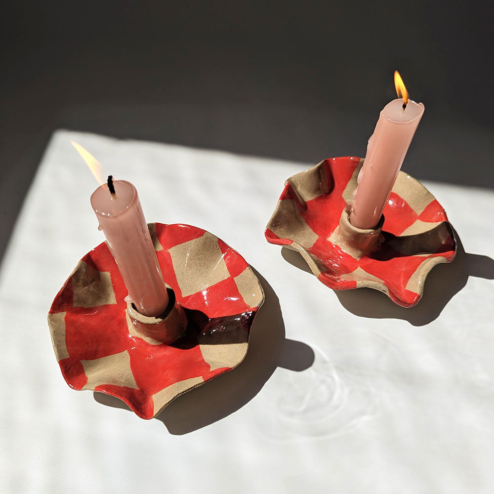 Red-Check-Scalloped-Candle-Holders