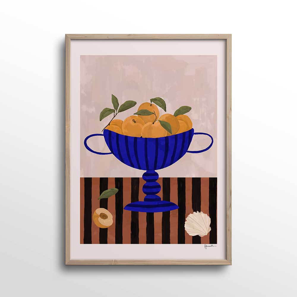 Peaches-in-Blue-Striped-Bowl-Print