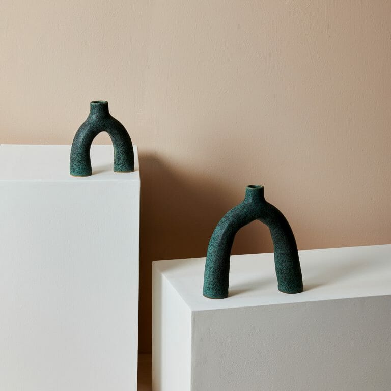 green-leggy-ceramic-handmade-upsidedown-letter-U-shape-dark-green