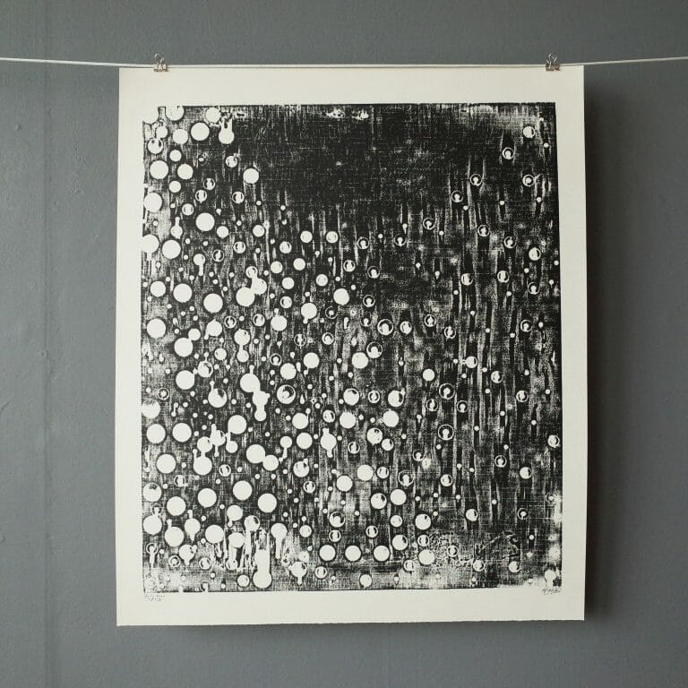 so-it-goes-woodcut-print-dots-circles-black-white-paper-printmaking-art